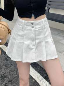 DAZY Solid Pleated Detail Denim Skirt Jeans Skirt