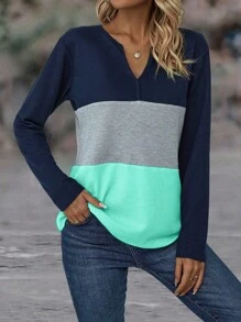 EMERY ROSE Camiseta gráfica de manga larga casual con cuello en pico y contraste de colores para mujer, para primavera y otoño - Multicolor - Ver 3