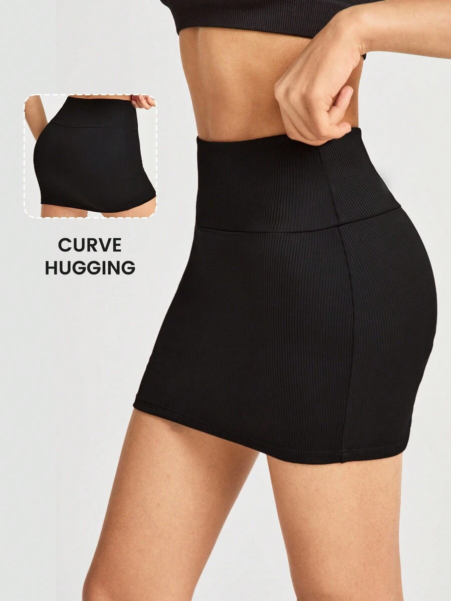 Easithlete Falda deportiva de yoga de cintura alta para mujer, unicolor y ajustada al Body - Negro - Ver 1