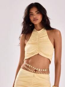 MUSERA 性感露背吊带无袖褶皱露脐上衣，适合度假、春夏穿着