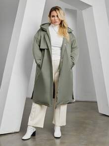 Astrid Plus Size Hooded Long Winter Casual Thin Padded Coat - Green - View 4
