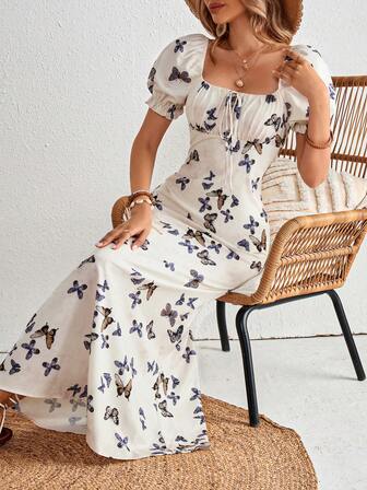 SHEIN VCAY Vacation Bubble Short Sleeve Woven Print Square Neck Fishtail Dress For Women