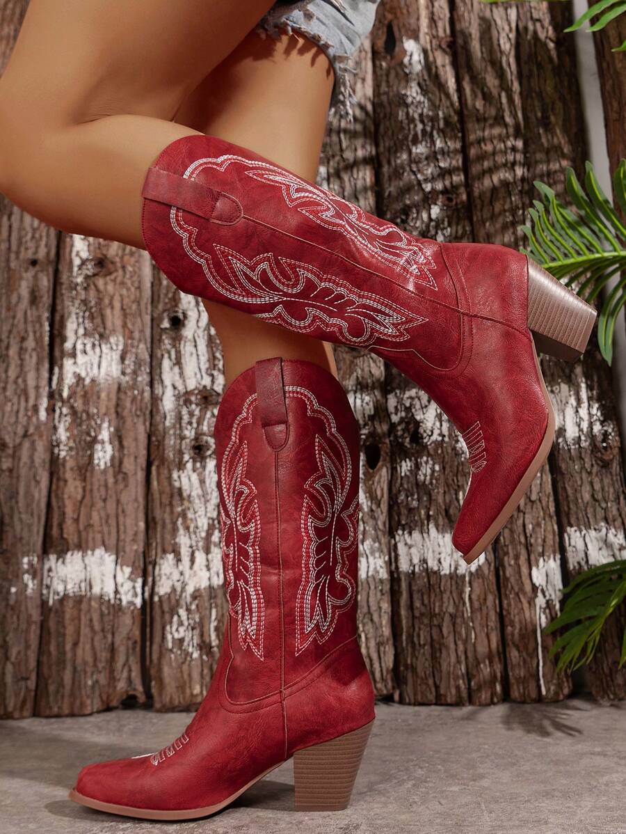 Suéter bordado de talla grande para mujer, estilo con botas vaqueras de tobillo con corset, botas vaqueras, botas de vaquera, Coachella, de puntera en punta gruesa con corte en V, nueva temporada primavera/otoño 2024