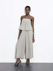 Maija Bộ 2 món vải lanh ống rộng lệch vai thường ngày mùa hè dành cho nữ - Xám - Xem 6