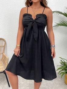 SHEIN VCAY Đầm Cami kết cấu kỳ nghỉ cỡ lớn có nút thắt phía trước - màu đen - Xem 4