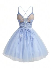 SHEIN Belle Elegant, Romantic And Cute Light Blue Spaghetti Strap Dress Featuring Deep V-Neck, Flowing Powder Mesh Contrast, 3D Glitter Design, High Waist A-Line Silhouette, Full Of Volume Umbrella Hem, Puff Princess And Ballet Style. Perfect For Music Festivals, Beach Vacations, Back-To-School Season, Graduation Season, Dances, Weddings, Receptions, Single Parties, Afternoon Tea, Dates, Gatherings, And Cocktail Parties Prom Semi Formal Wedding Guest Dress, For Birthday, Homecoming