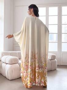 Yasmyna Váy Kaftan tay cánh dơi in hoa, váy Ả Rập dài tay giản dị - Màu be - Xem 8