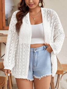 SHEIN Frenchy 大碼露空長袖夏日假日開衫 - 白色 - 查看 5