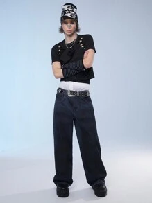 Manfinity Roghcode 男裝純色寬腿拉鍊牛仔褲，帶口袋，街頭風格 - 深色水洗藍 - 查看 5