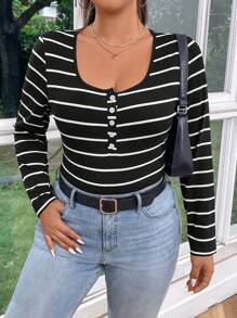 SHEIN Essnce Plus Size Women Buttoned V-Neck Black White Striped Slim Fit Long Sleeve T-Shirt, Casual & Versatile, Daily Wear - Black and White - View 5