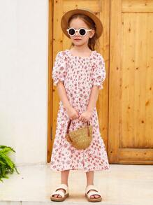 Vestido de verano largo y lindo para niña joven con cuello cuadrado con ribete de volantes, mangas cortas abullonadas y estampado floral