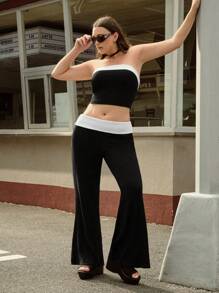 Forever 21 复古学院宽边拼色高弹力修身喇叭裤配紧身裹胸上衣，大码女式 2 件套 - 黑與白 - 查看 1