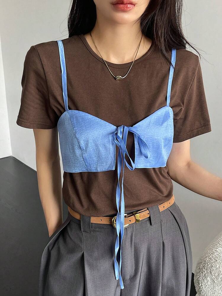 Women's Blue Knotted Strap Camisole And Brown Round Neck Short Sleeve Top, Casual Summer Outfit 2pcs/Set
