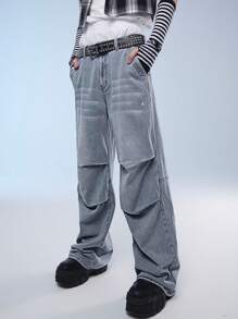 Manfinity Denimwave Men's Solid Color Zipper Fly Casual Straight Leg Jeans With Pockets For Streetwear - Light Wash - View 5