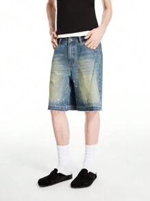 Chillumni Men's Dark Blue Washed Vintage Distressed Loose Denim Shorts - Medium Wash - View 3