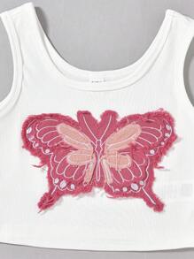 SHEIN Conjunto de 2 piezas de ropa callejera Y2K para niña preadolescente que incluye una camiseta con parche de mariposa rosa y una falda con diseño de patchwork