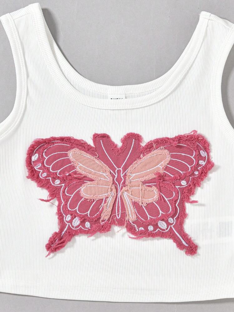 Tween Girl Pink Butterfly Sticker Patchwork T-Shirt And Skirt Y2K Streetwear 2pcs Set