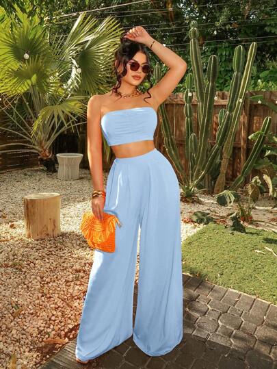 SHEIN SXY Women Fashionable Ruched Strapless Wide Leg Pants Set Summer Vacation Holiday Beach BOHO Sexy
