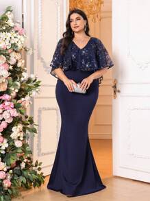SHEIN Belle Vestido de madre de estilo sirena elegante azul marino talla grande, con detalles de lentejuelas lujosos en telas elásticas, escote en V, mangas tipo capa y perfecto para ocasiones formales. - Azul Marino - Ver 3