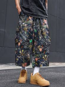 Manfinity EMRG Men's Vintage Camouflage Loose Wide Leg Capri Pants, Streetwear ,Camo Pants , Baggy Pants - Navy Blue - View 6