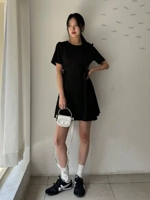 Dazy Designer 女士街头风格黑色圆领泡泡袖设计连衣裙太阳裙 - 黑色 - 查看 8