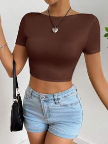 Muchica 無背扭結短袖短款修身T卹，女款夏季純色款 - 棕色 - 查看 4