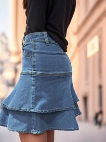 女性時尚Y2K雙層邊條牛仔迷你裙