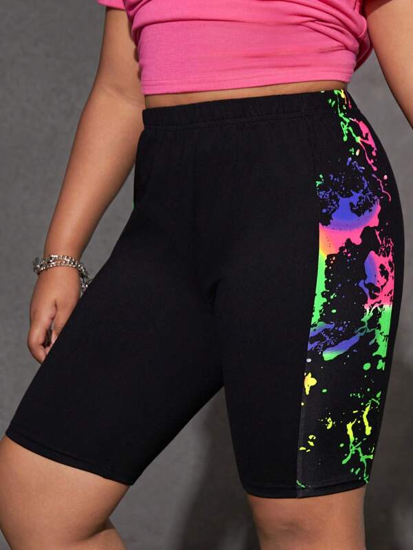 SHEIN Tight und lässige Neon-Muster Patchwork Leggings Shorts in erweiterten Größen für Tween-Mädchen