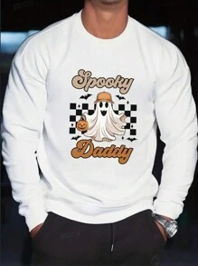 1pc Men's Halloween Fashionable Casual Checkered Funny Ghost Pumpkin Pattern Letter Slogan Printed Basic Round Neck Sweatshirt, Autumn Winter