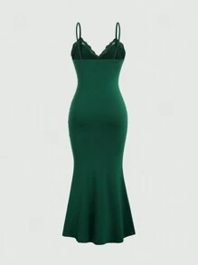 Sweetra Vestido elegante de unicolor con aplicación de encaje, diseño de sirena, vestido maxi de verano para mujer