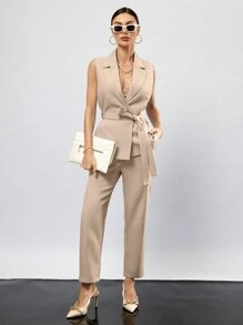 SHEIN Privé Lapel Neck Belted Vest Blazer & Pants  - Khaki - View 6