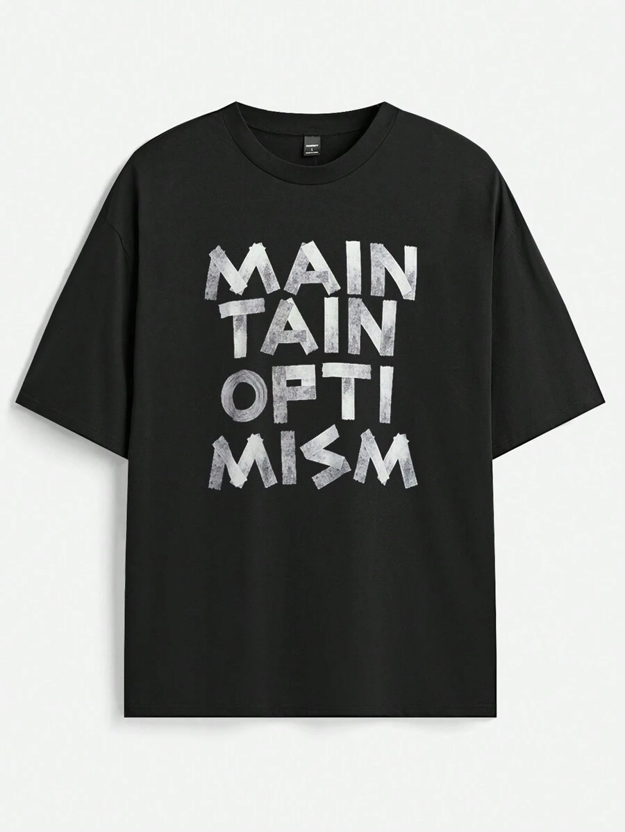 Manfinity VCAY Men's Loose Short Sleeve Knitted T-Shirt With English Printed Pattern, Street Style,Halloween Clothes - Black - View 1