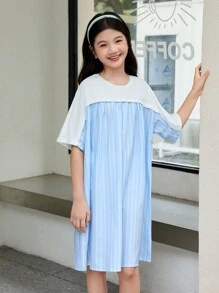 SHEIN Vestido de longitud media suelto para niña preadolescente con mezcla de colores para usar en ocasiones informales con cuello redondo - Azul - Ver 4