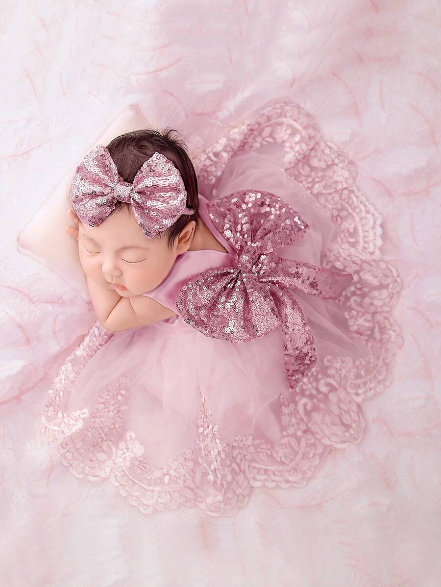 2pcs Champagne Newborn Photography Clothing Set, Baby Girls' Princess Embroidered Mesh Dress, Bowknot Lace Princess Skirt For Photo Shoot - Dusty Pink - View 1