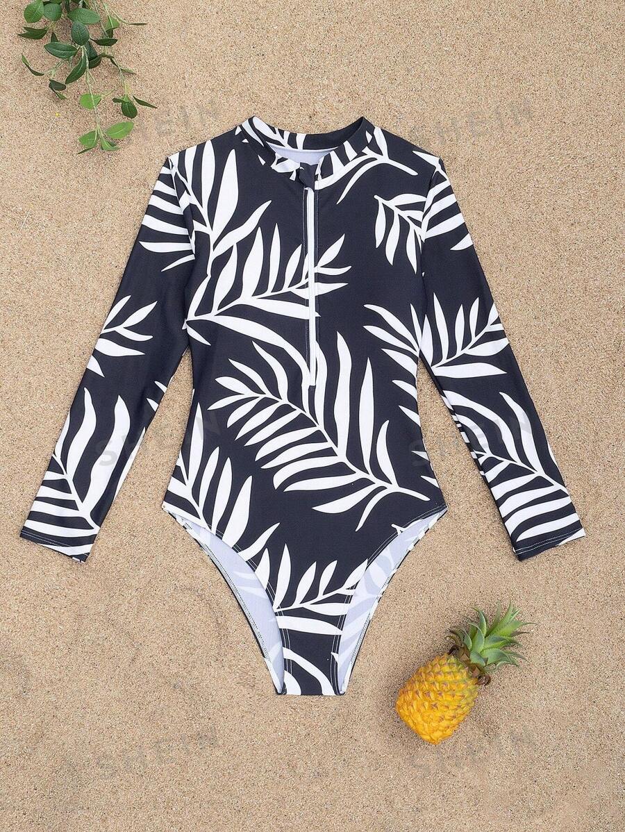 SHEIN Swim SPRTY Ladies'Long Sleeve Zip Rash Guard One Piece Surfsuit