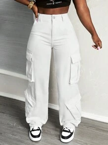 SHEIN Slayr Women's High-Waisted Straight Leg Jeans In White Workwear Style - White - View 5