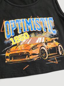 SHEIN 青少年女孩纯色字母和汽车印花背心和黑色贴袋牛仔短裤 2 件套服装 - 黑色 - 查看 5