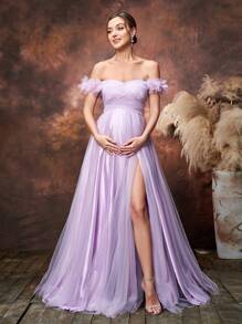 Faeriesty Vestido de fiesta de maternidad Dressalisa con detalles de aplicaciones y hombros descubiertos de tul - Lila Púrpura - Ver 7