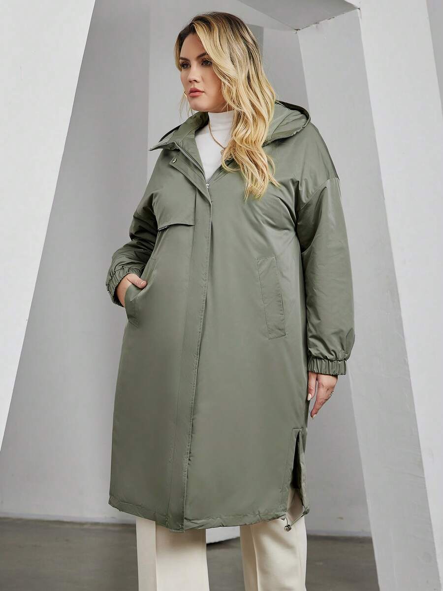 Astrid Plus Size Hooded Long Winter Casual Thin Padded Coat - Green - View 1