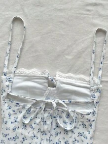 Soleia 休闲浪漫假日连衣裙，露背系带下摆开叉蓝白花卉印花女式，女士度假装，太阳裙 - 藍白色 - 查看 4