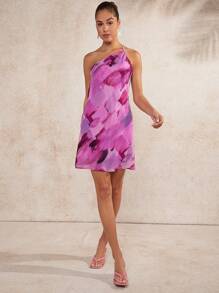 L'Amorae Brush Print Draped Open Back Dress - Violet Purple - View 5