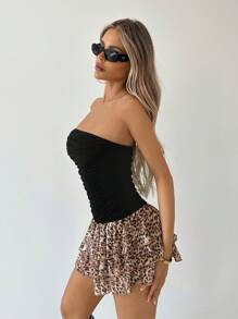 SHEIN ICON Cheetah Print Y2k Sexy Bodycon Leopard Print Layered Dress Hem Strapless Women's Dress Black Tube Dress Beach Women Outfits Rave Festival Outfits