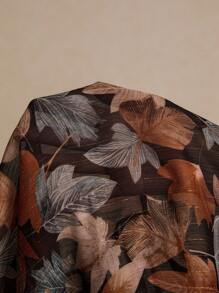 Poéselle Leaf Print Button Front Shirt,Long Sleeve Tops