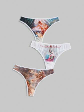 Fairycore Set di mutandine a rete con stampa a mesh , 3 pezzi, dipinto a olio Madonna Rinascimentale