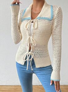 SHEIN LUNE Contrast Binding Trim Tie Front Pointelle Knit Cardigan - Apricot - View 5