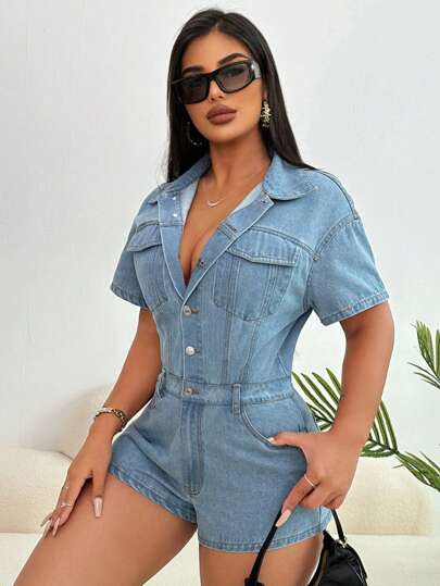 SHEIN SXY Women's Solid Color Simple Casual Denim Jumpsuit