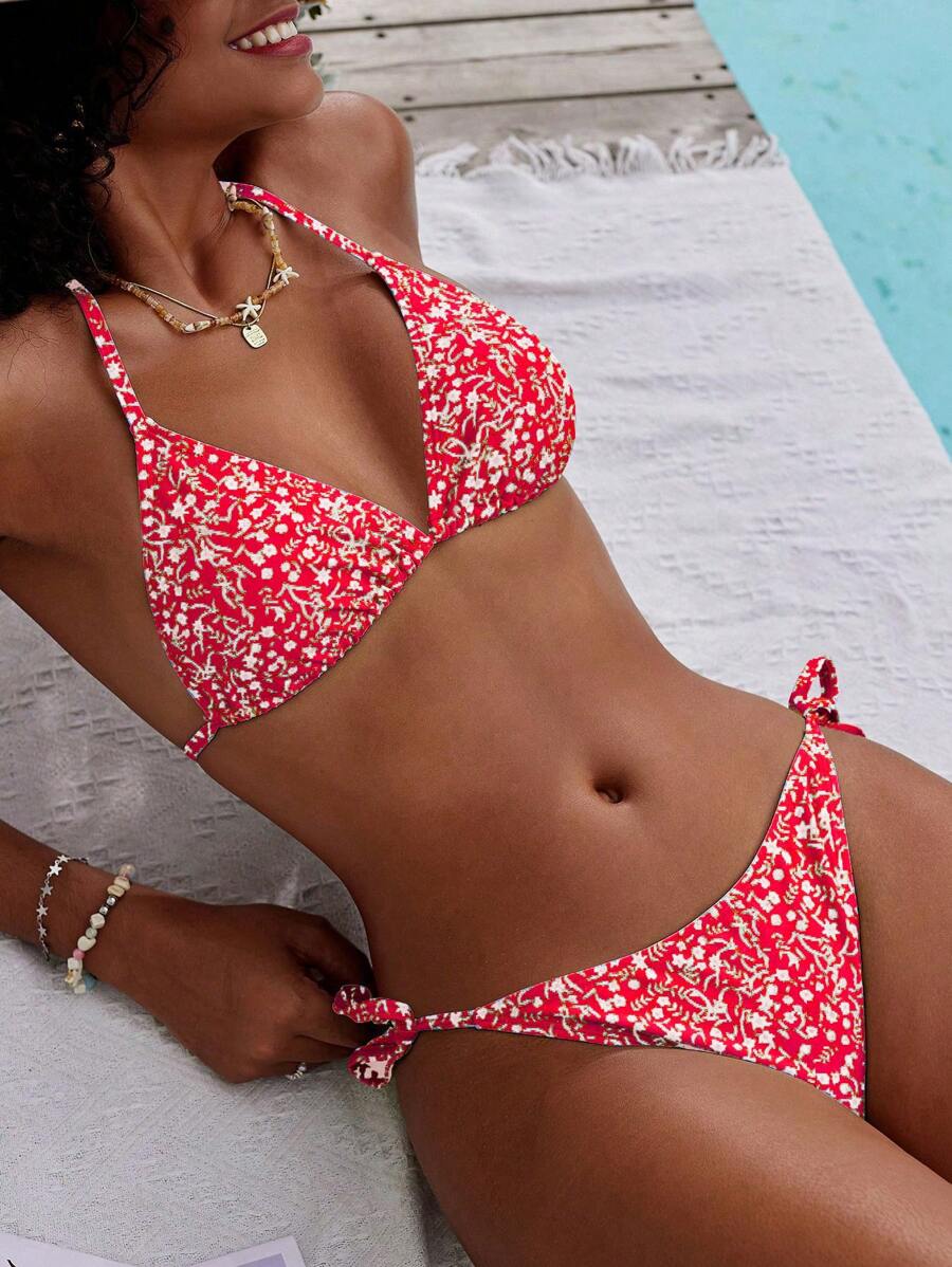 SHEIN Swim Ditsy Floral Print Halter Triangle Bikini Set Summer - Red and White - View 1