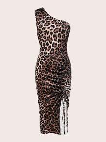 Calvaya Vestido largo asimétrico con escote alto y abertura lateral, estampado de leopardo, diseño sexy y ajustado con cordón, para mujer