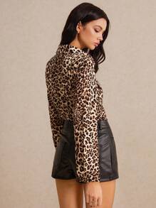 Poéselle Leopard Print Flap Detail Button Front Shirt,Long Sleeve Tops - Multicolor - View 5