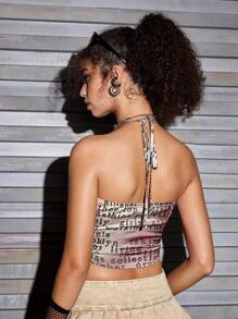 Vitoria Brayner Artist 女士夏季字母印花拼接荷叶边下摆休闲短款露背上衣，假日、度假、春季、海滩、外出、节日、伊比沙岛装扮、西方服饰